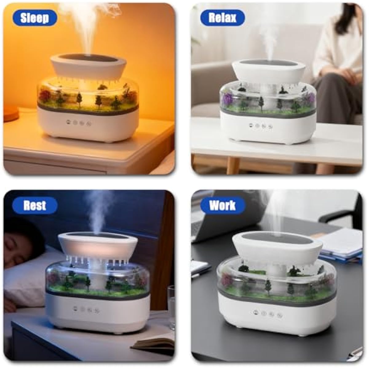 Rain Cloud Humidifier Diffuser with White Noise Rain Sounds, 7-Color Lights & Water Drip Micro-Landscape, 250mL Large Tank, Silent Auto-Off for Bedroom Sleep, Office Relaxation