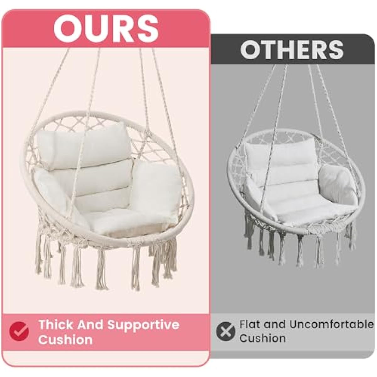 KROFEM Macrame Hammock Hanging Swinging Chair with Medium Cushion, Perfect for Bedroom, Porch, Adults, Balcony, Beige