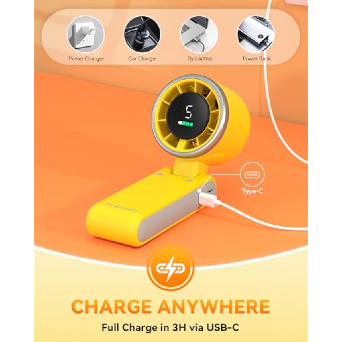 PlayHot Portable Handheld Turbo Fan, 5-Speed Personal Fans, 5000mAh Rechargeable Fans Up to 12 Hours, Weight only 0.6lb Small Fan, Hand/Neck/Desk Fan 3 IN 1, Beach Vacation Essentials(Yellow)