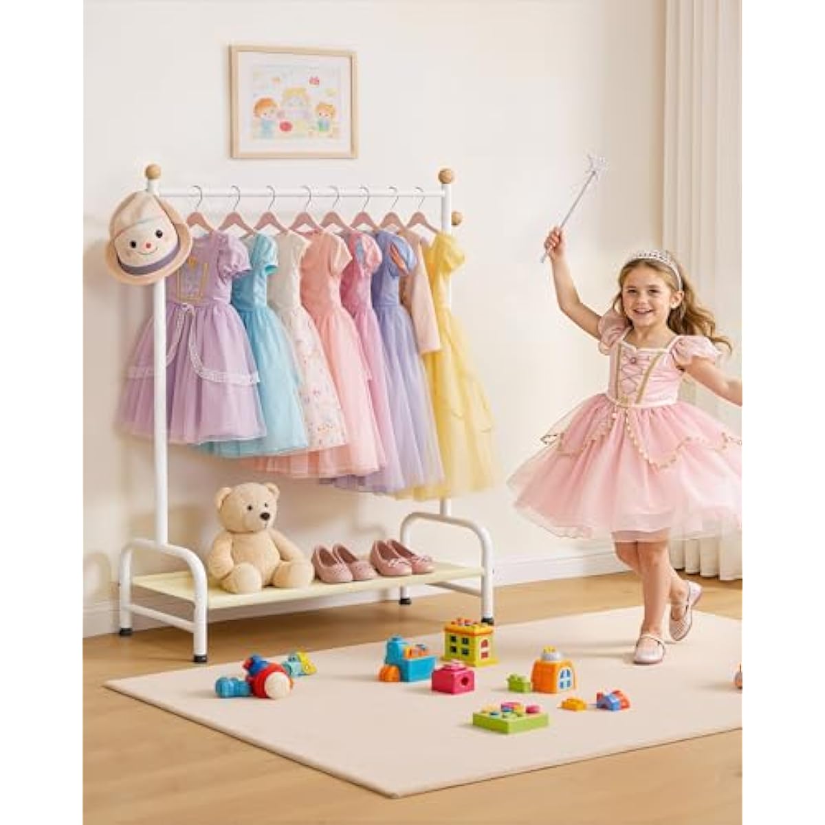 Clothes Rack - Sturdy Metal Kids Clothing Rack with Bottom Storage Shelf & Adjustable Feet, Dress Up Storage for Toddler's Bedrooms, Nurseries, Playrooms, 31" x 12.5" x 47.8", White