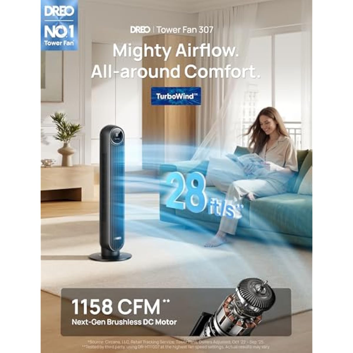 DREO Tower Fan for Bedroom, 2026 Upgraded DC Motor, 28ft/s High Velocity, 20dB Ultra Quiet Standing Fan, 8 Speeds 4 Modes, 90° Oscillating Bladeless Fan for Indoors, Floor Fans with Remote, Black