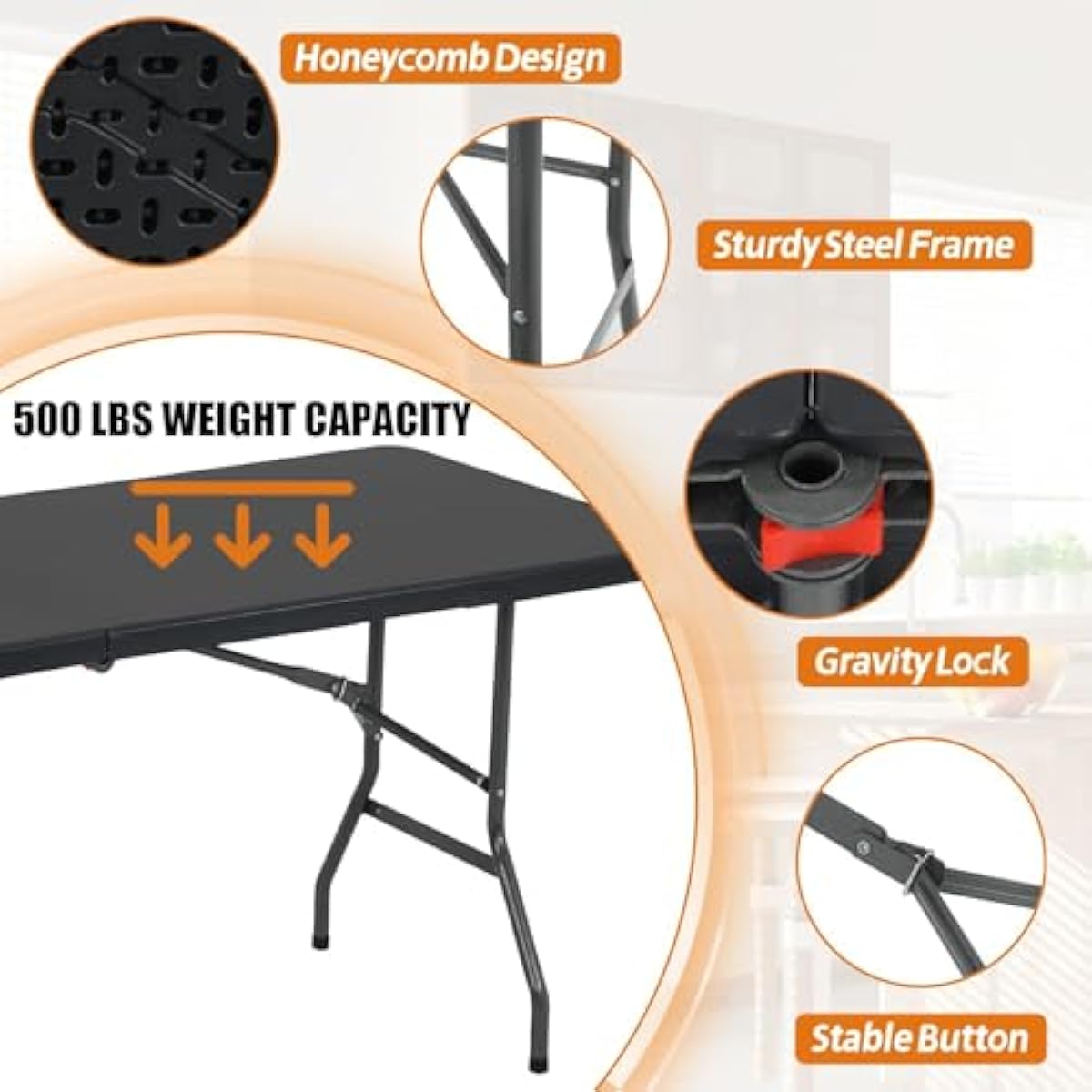 6ft Folding Table - Heavy Duty Portable 6 Foot Plastic Table with Fold-in-Half Design & Carry Handle, Indoor Outdoor Utility Table for Dining, Camping, Parties, Picnics, Tailgating (6FT, Black) ﻿