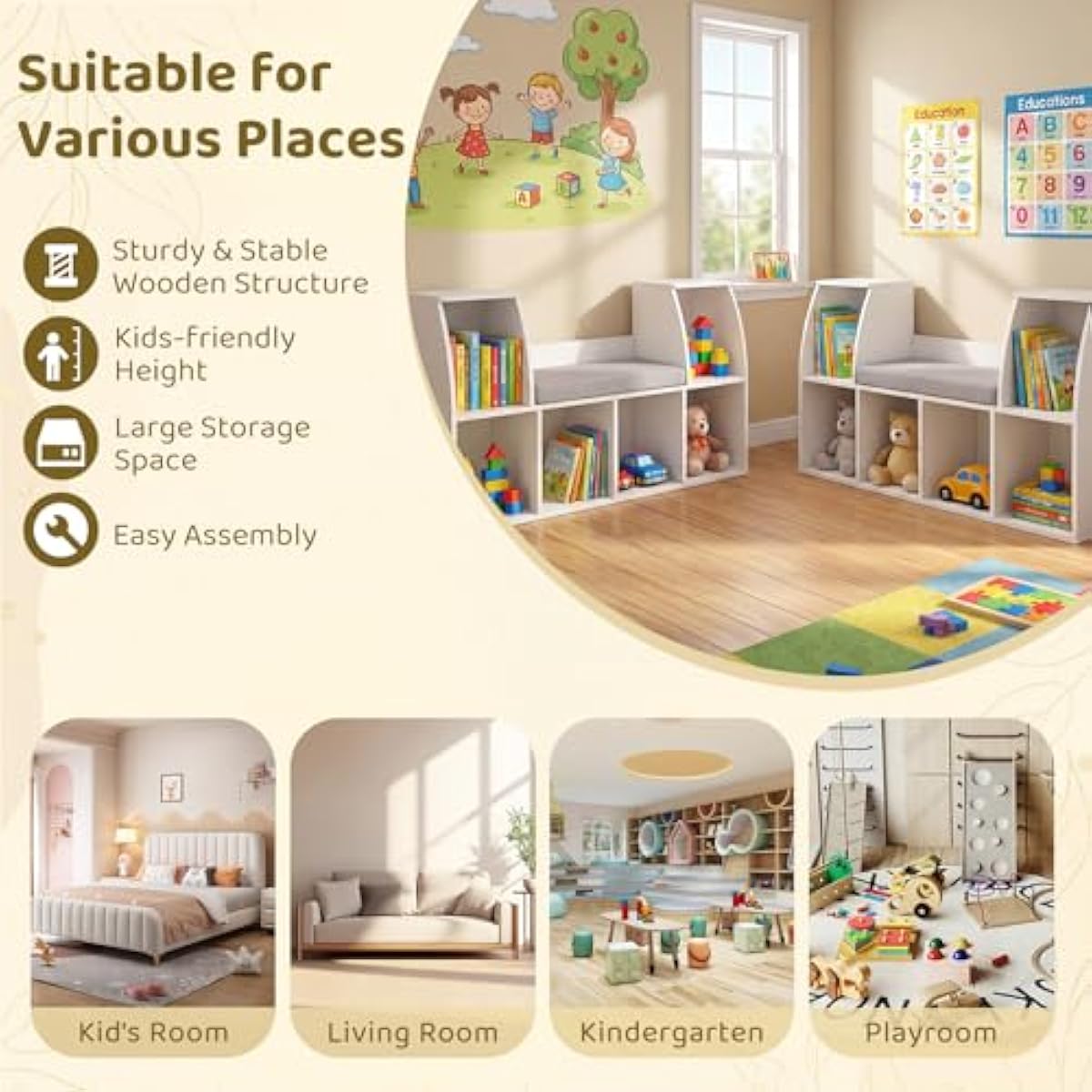 Costzon Kids Bookshelf with Reading Nook, 6 Cubby Bookcase with Soft Seat Cushion, Wooden Toy Storage Organizer with Bench, Book Shelf for Kids Room, Playroom, Nursery, Daycare