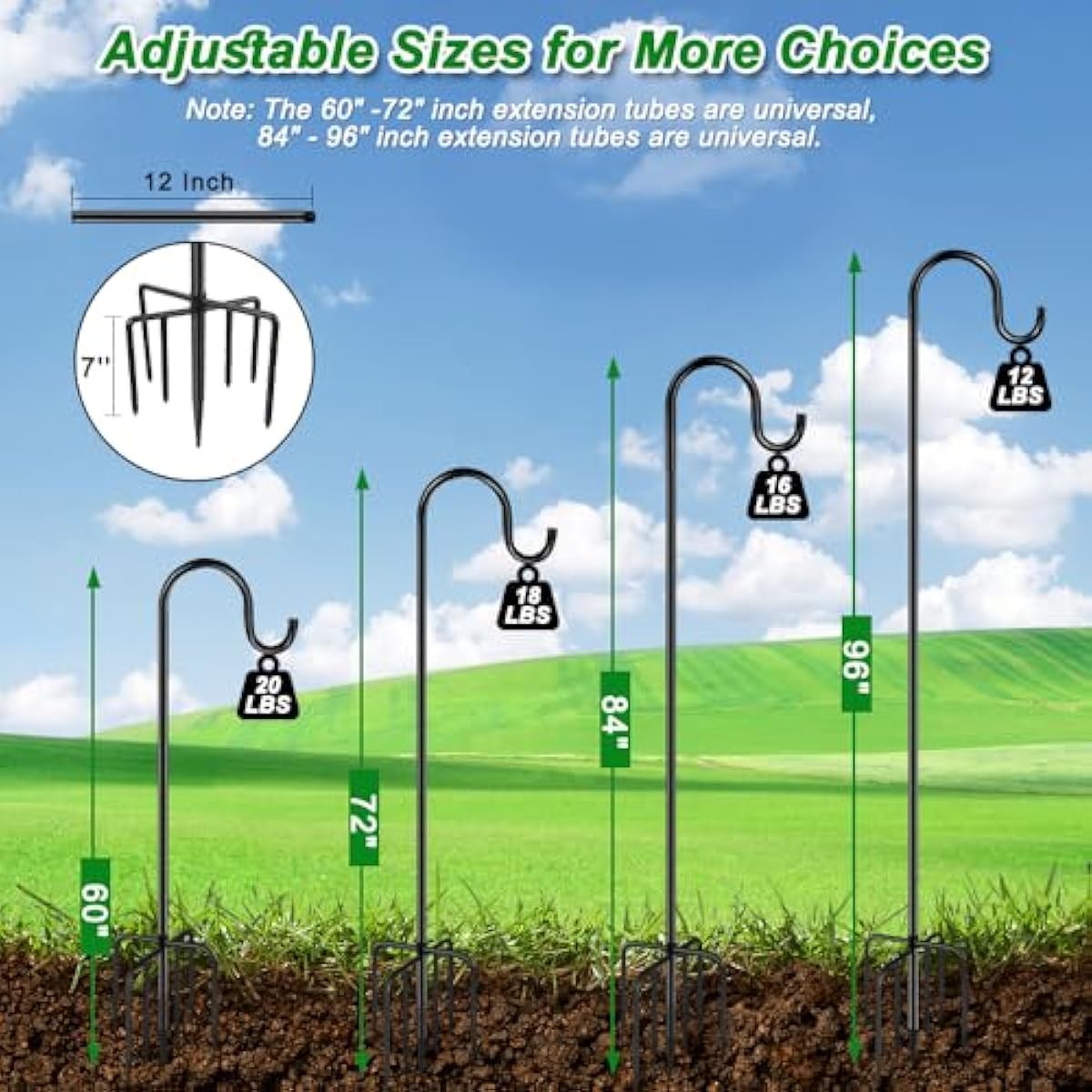 ANIDEER 72" Shepherds Hooks for Outdoor, Heavy Duty Bird Feeder Pole with 7 Base Prongs, Adjustable Garden Hanging Holder for Bird Feeders, Solar Light Lanterns, Garden Plant Hanger Stands, 2 Packs