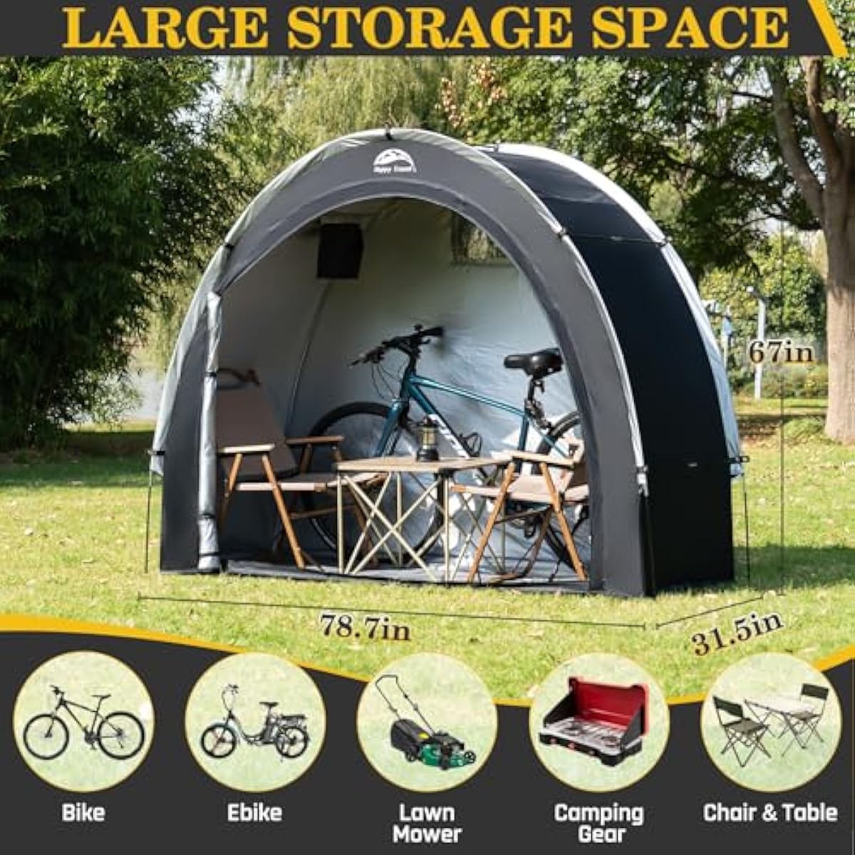 Happy Travel Bike Storage Shed Tent,Outdoor Portable Bicycle Storage Sheds with 210D Oxford Fabric PU4000 Waterproof for 2/3/4/6/8 Bikes,Bike Covers Shelter for Motorcycle,Garden Tools,Toys,Lawn Mower