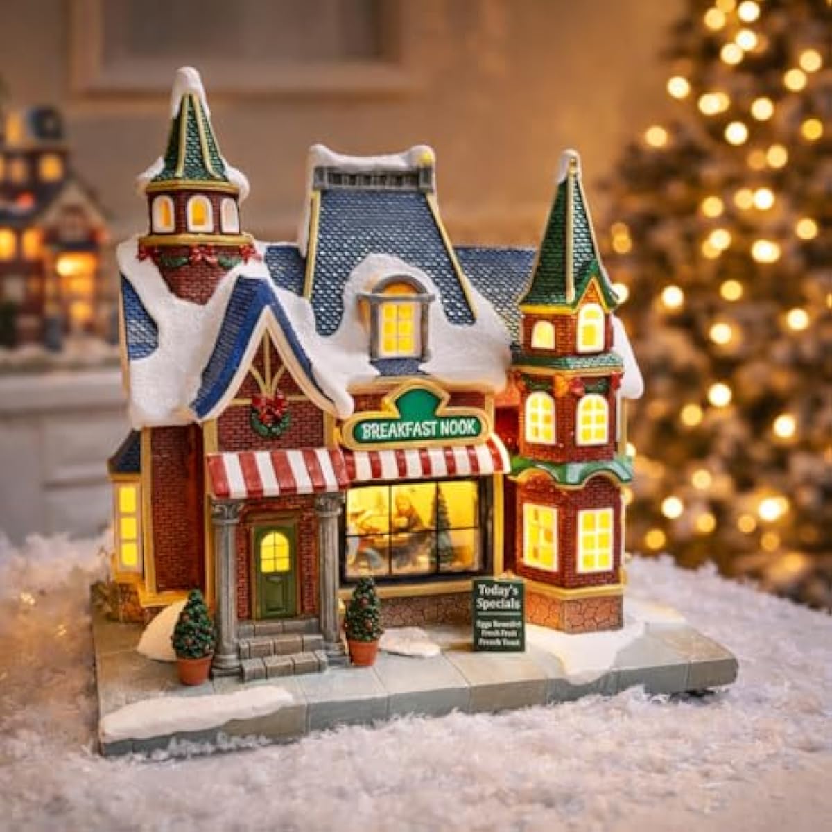 MOMENTS IN TIME Lighted Christmas Village Building Breakfast Nook LED Lights Music Battery Operated Plays 8 Holiday Songs Optional 4.5V Adapter Gift Wrapped Ready Décor