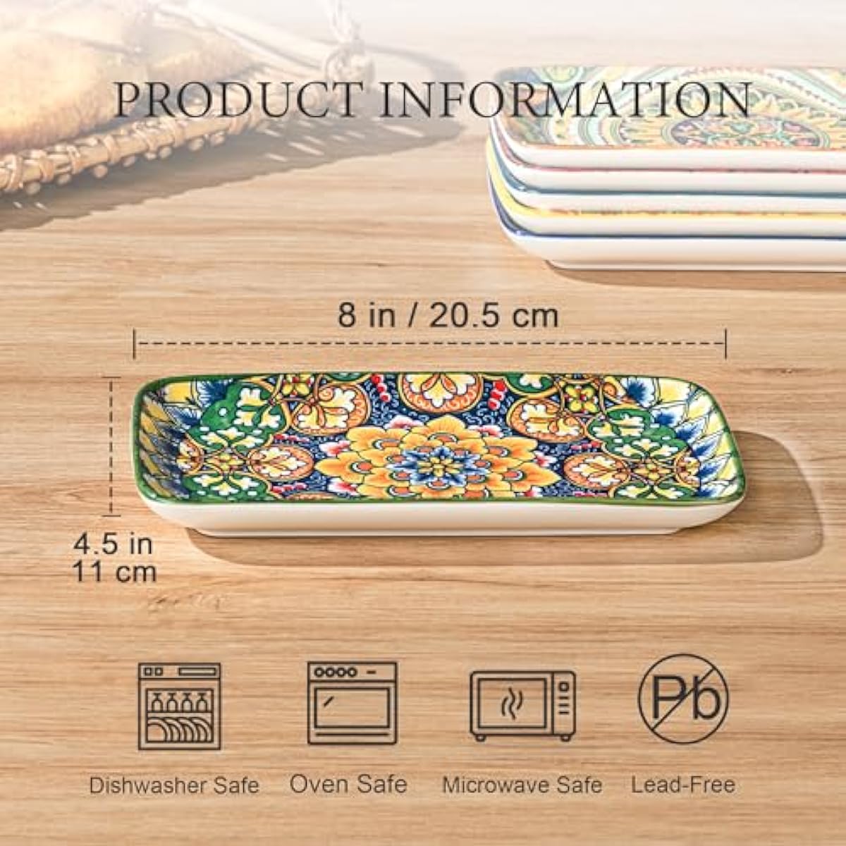 Henten Home Ceramic 8 Inch Salad Plates, Rectangular Salad Plate Set of 6, Bohemian Serving Dishes for Sushi, Appetizer, Cake, Sashimi, Microwave & Dishwasher Safe