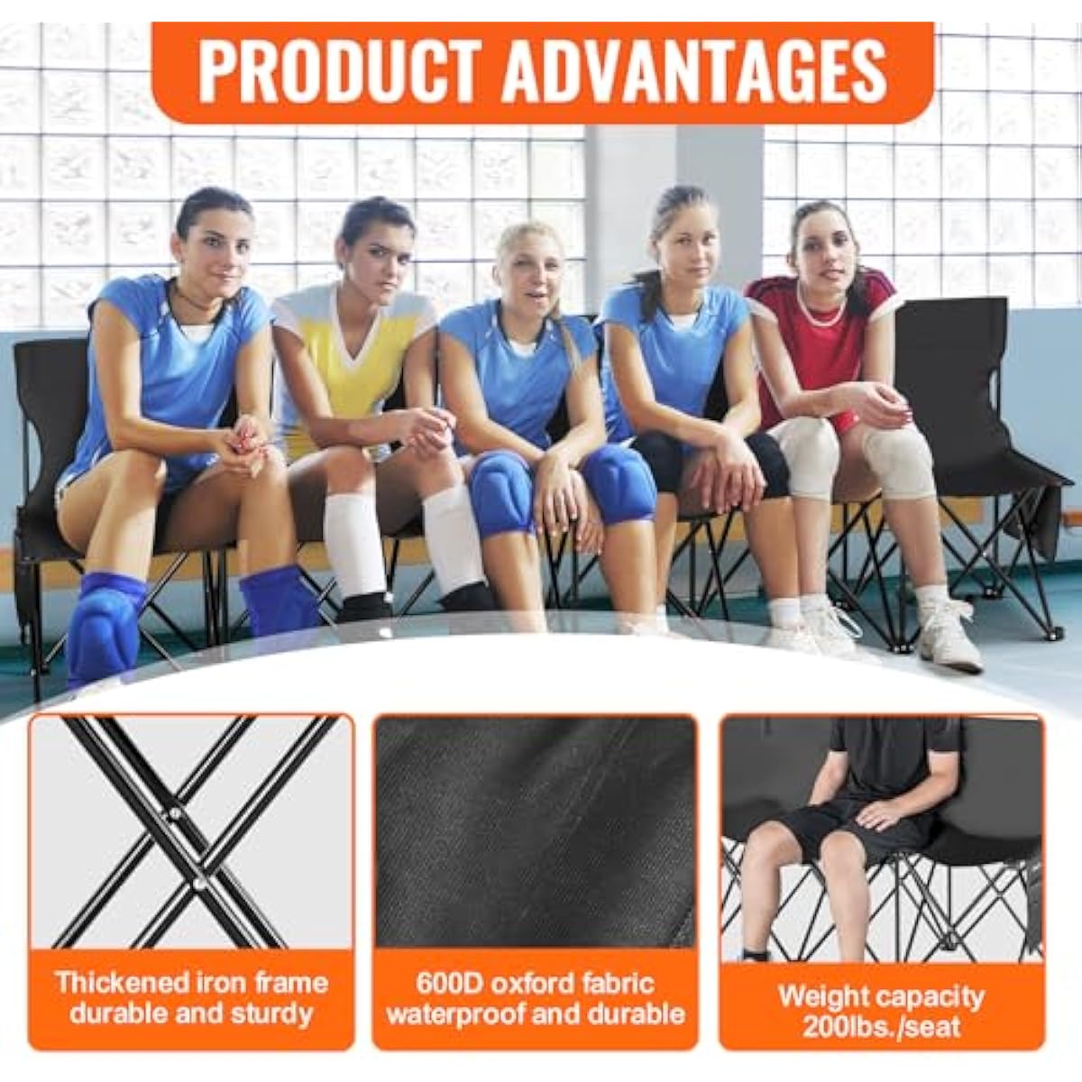 VEVOR Portable Folding B ench, 6 Seats Foldable Sideline B ench, Outdoor Camping Bench Chair with Carry Bag & Backrest, Team Sport Sideline B ench, No Assembly Instant Seating, Black