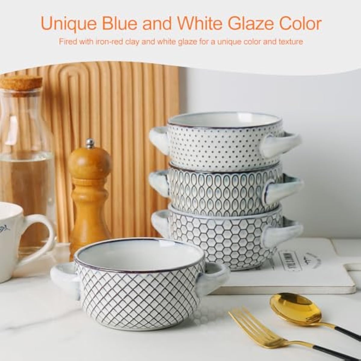 MONITO 28 Ounce French Onion Soup Bowls, 4PCS Reactive Glaze Ceramic Bowls with Handles, Stackable Soup Crocks, Oven/Microwave/Dishwasher Safe, for Cereal, Pasta, Chilli, Beef Stew, White-blue