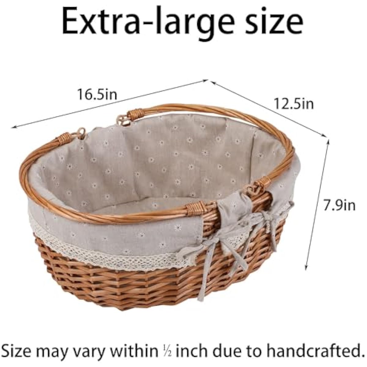 Large Wicker Picnic Basket with Handles,Handle Sturdy Woven Body with Removable and Washable Lining,Outdoor Camping,Gift Packing,Garden Picking, Storage.White Flower