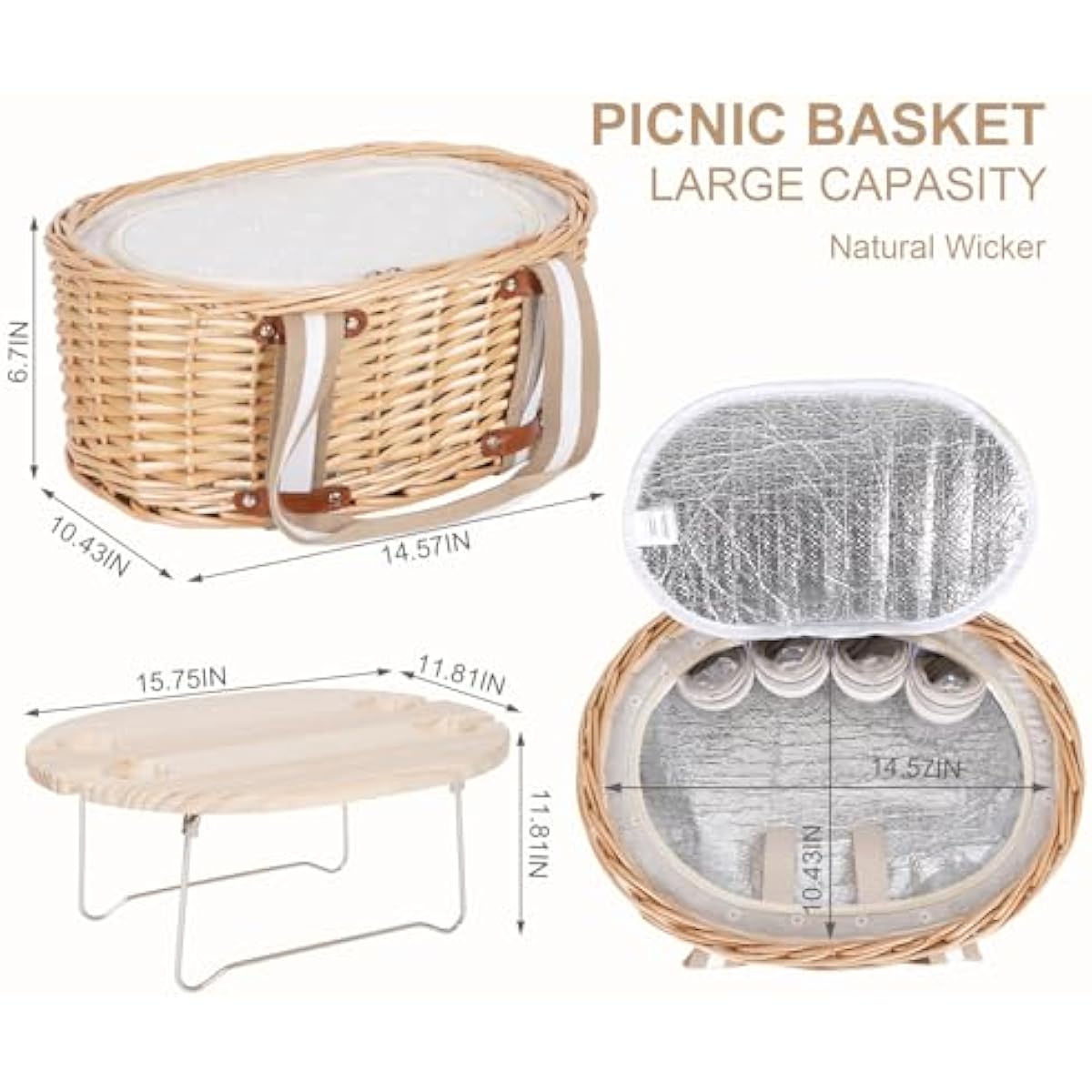 Picnic Basket Set for 4 - Wicker Insulated Picnic Basket with Folding Wine Table, Wine Picnic Kit with Liner for Couples, Camping, Outdoor, Valentine (WhiteFlower)