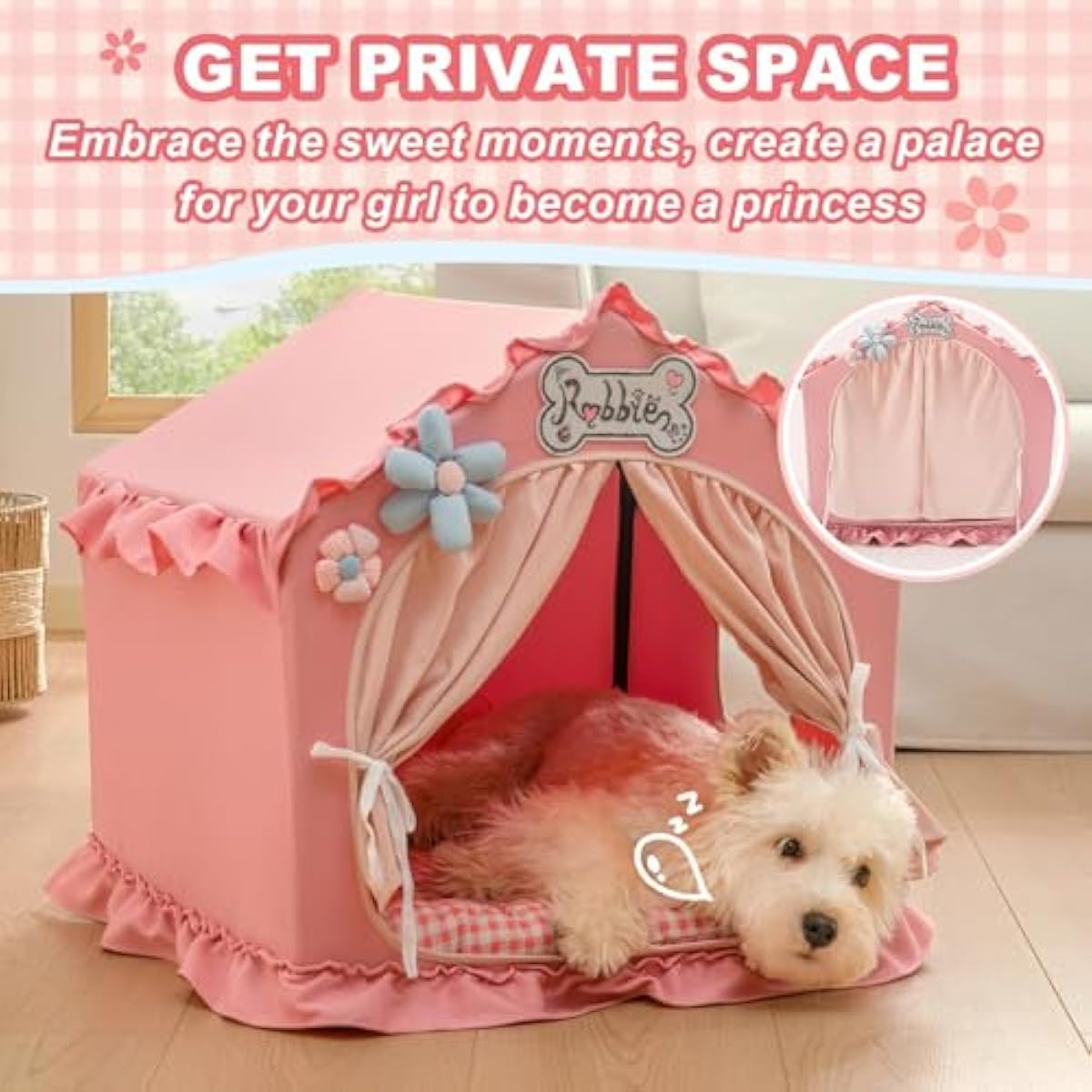Jiupety Indoor Dog House with Frame, Cute Dog Tent Bed with Cover Cave, Breathable, Washable, and Foldable House, Suitable for 10-20 Lb Puppy and Cats, Medium (17"×17"×17"), Pink