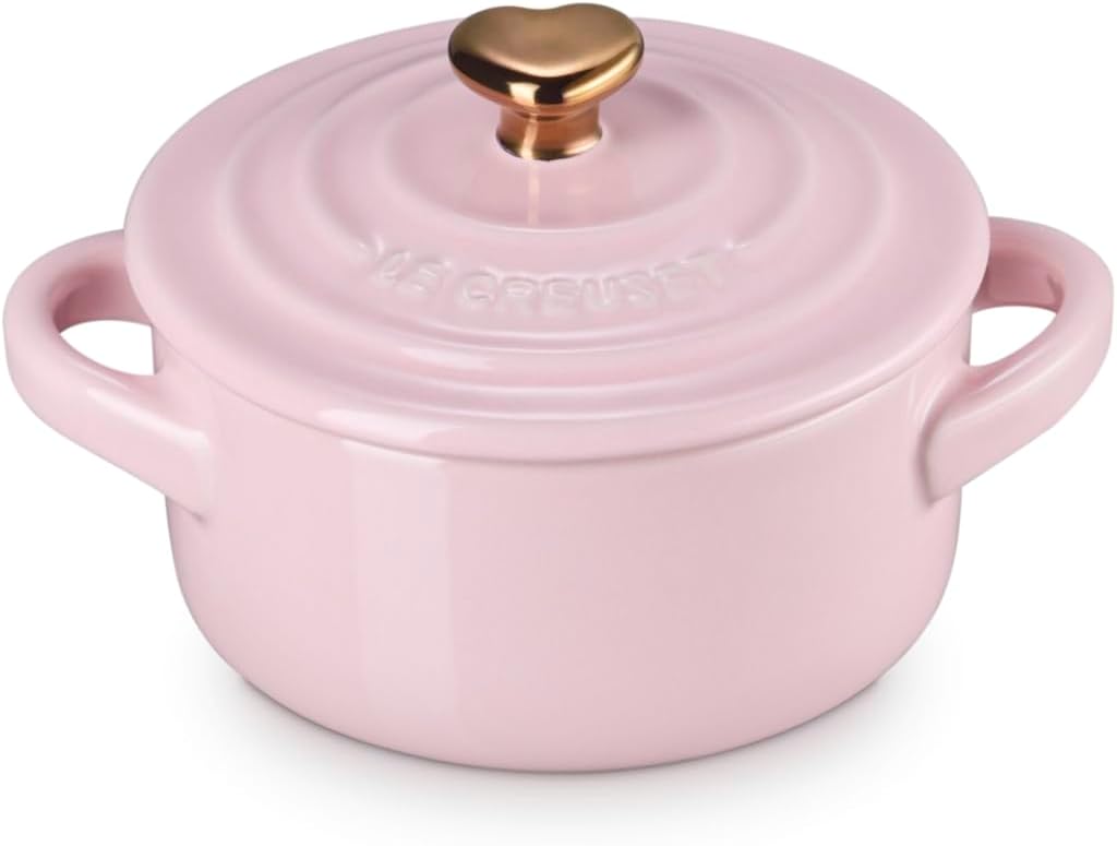 Le Creuset Stoneware Mini Round Cocotte, 8oz., Cerise with Gold Heart Knob