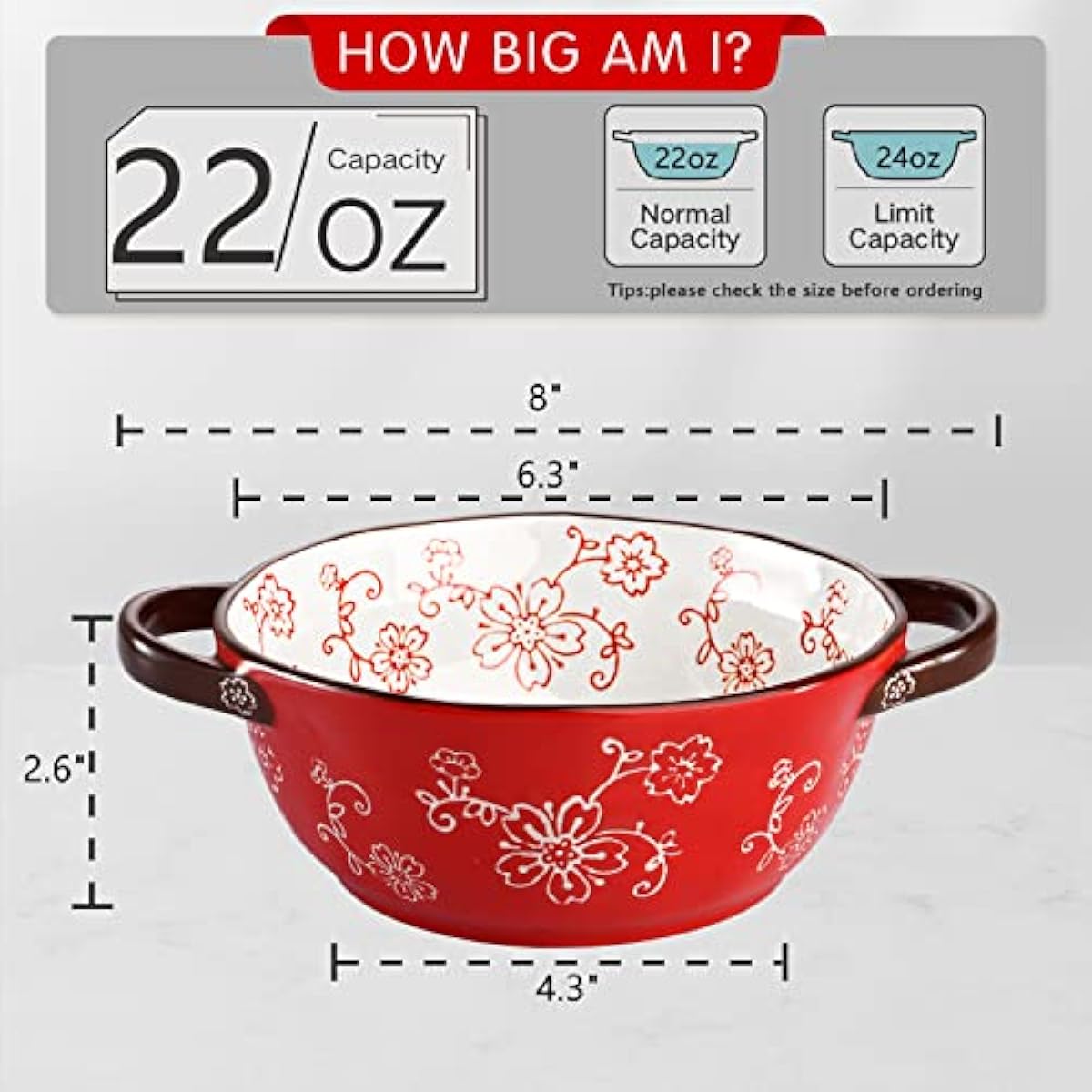 AVLA 4 Pack Ceramic Soup Bowls, 22 Ounces Porcelain Serving Bowl Set with Doundle Handle, Large Ceramic Crocks for French Onion Soup, Stew, Pasta, Cereal, Pot Pies (Red)