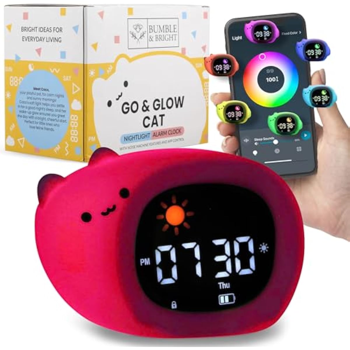 Bumble & Bright Kids Sleep Trainer with App Control - OK to Wake Clock for Kids Ages 4+, Color-Changing Night Light, Alarm & Sound Machine, Simple 1-Routine Setup, Free App, USB-C