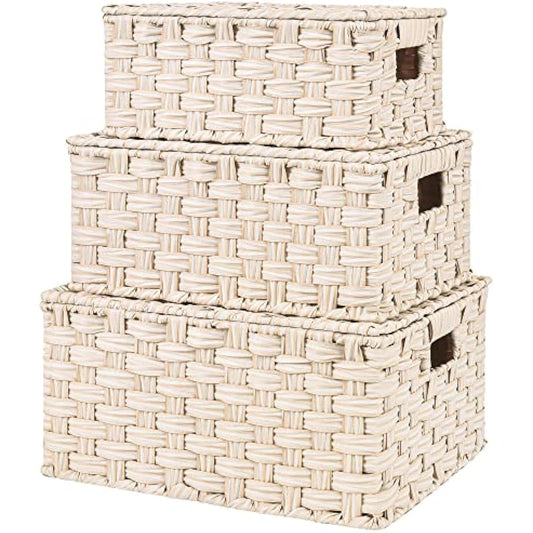 GRANNY SAYS Wicker Storage Baskets with Lids, Set of 3 Decorative Storage Boxes, Baskets for Organizing, Butter Milk, 3-Pack