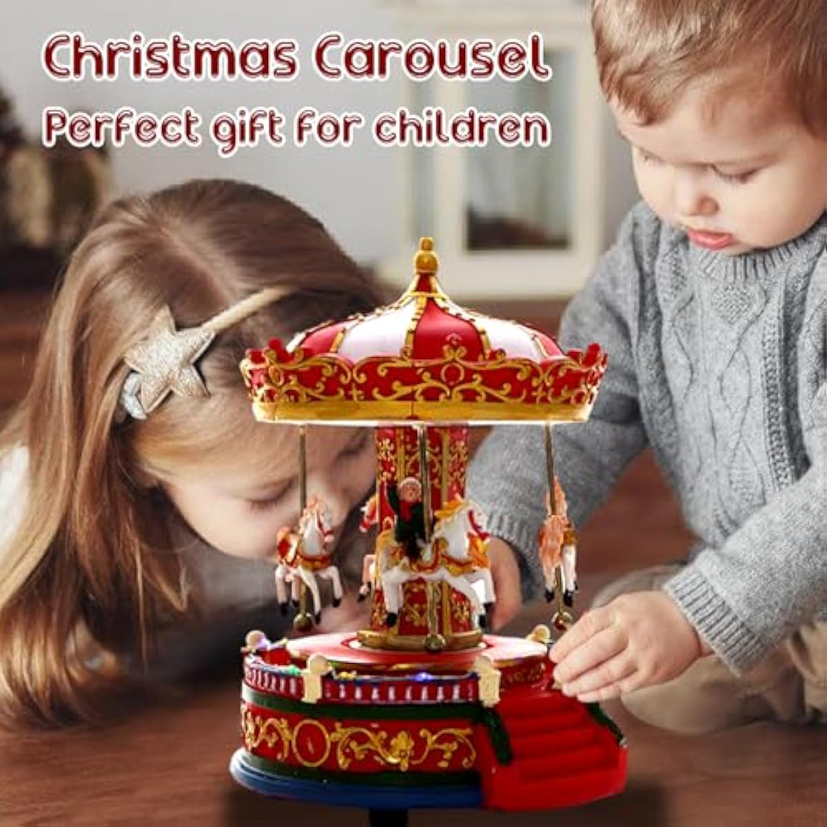 Christmas Carousel Figurines Decoration Christmas Village House Musical Carousel with 6 Moving Horses Go Round, 8 Pieces of Music Snow Globe, Music Box for Girl and Boy Kids (Carouel)
