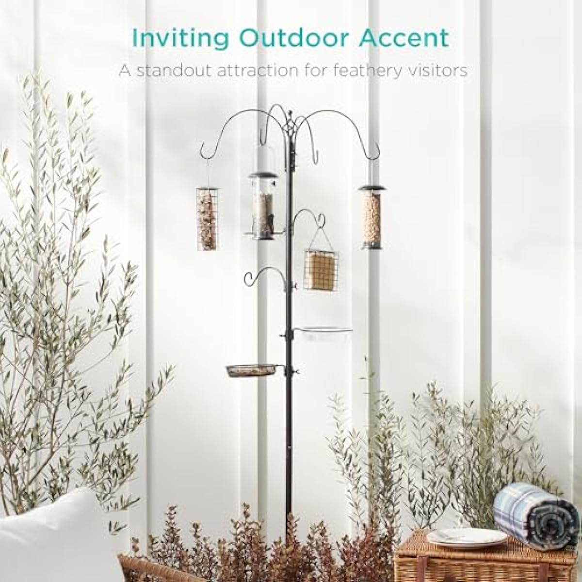 Best Choice Products 6-Hook Bird Feeding Station, Steel Multi-Feeder Kit Stand for Attracting Wild Birds w/ 4 Bird Feeders, Mesh Tray, Bird Bath, 5-Prong Base - Black