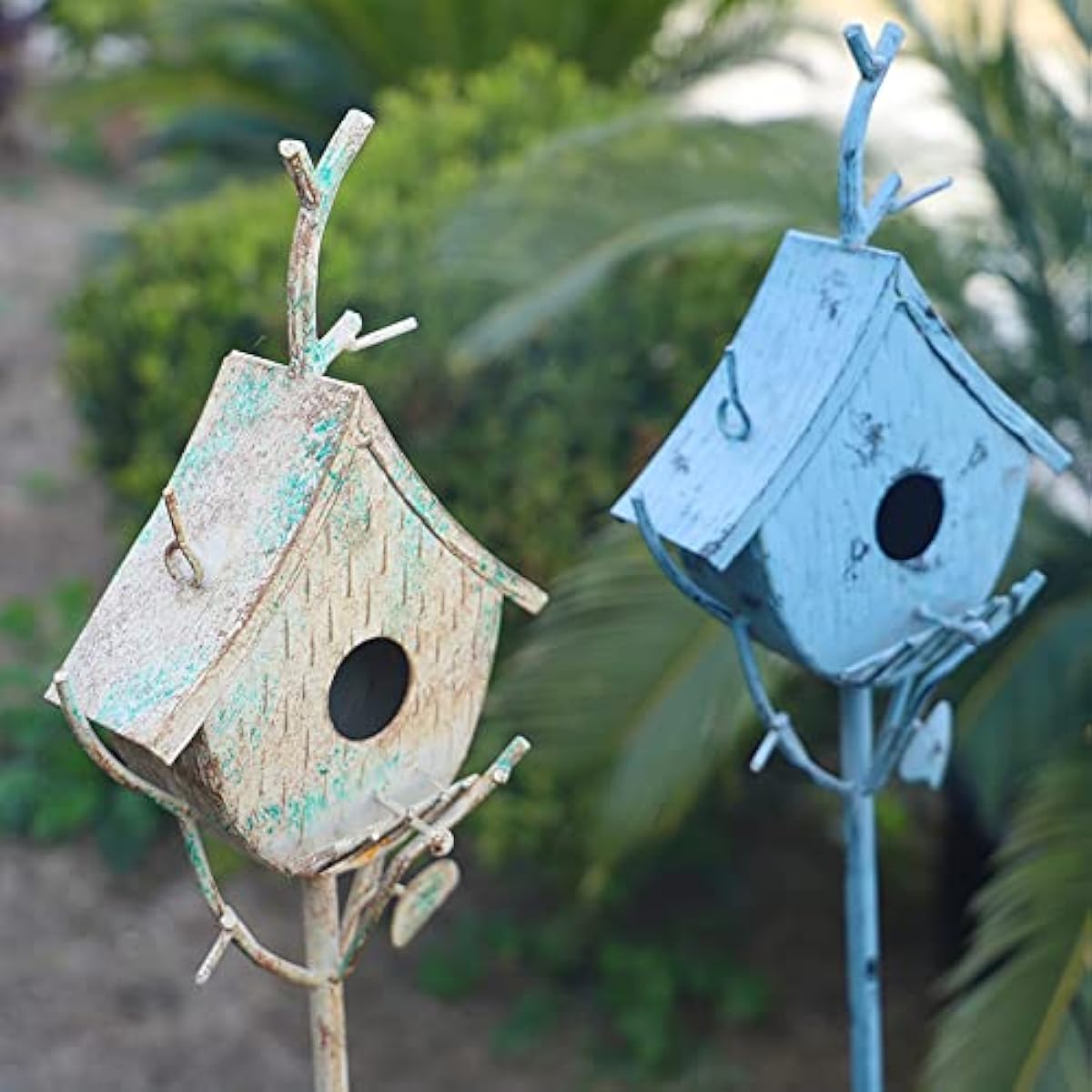Bird Houses for Outside with Pole, Metal Birdhouse Stake for Outdoors Rustic Bird House On Pole Stand Farmhouse Birdhouse Decor Decorative Garden Yard Art 39" H Blue