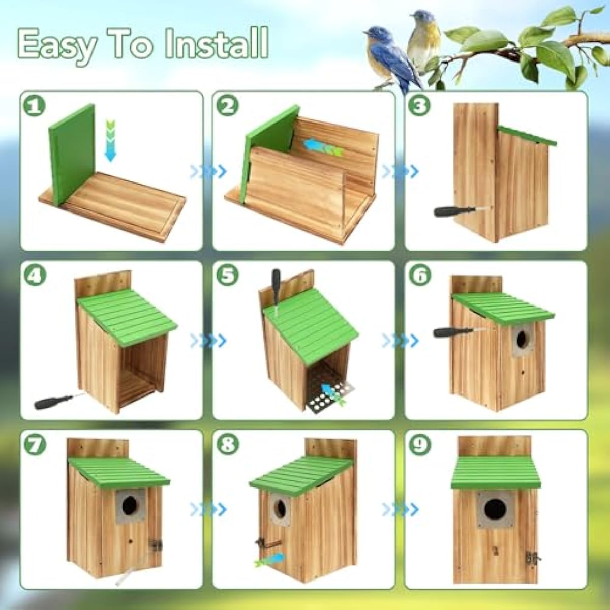2 Pack Bird Houses for Outside - Cedar Bluebird Houses with Metal Predator Guard, Birdhouse for Wren Bluebirds Finches Swallows, Carbonized Wooden