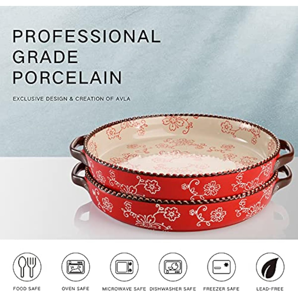 AVLA 2 Pack Ceramic Pie Pan, 9 Inch Round Baking Dish with Double Handle, 28 Ounce Deep Quiche Plate for Kitchen, Cooking, Roasting Lasagna (Sakura, Red)