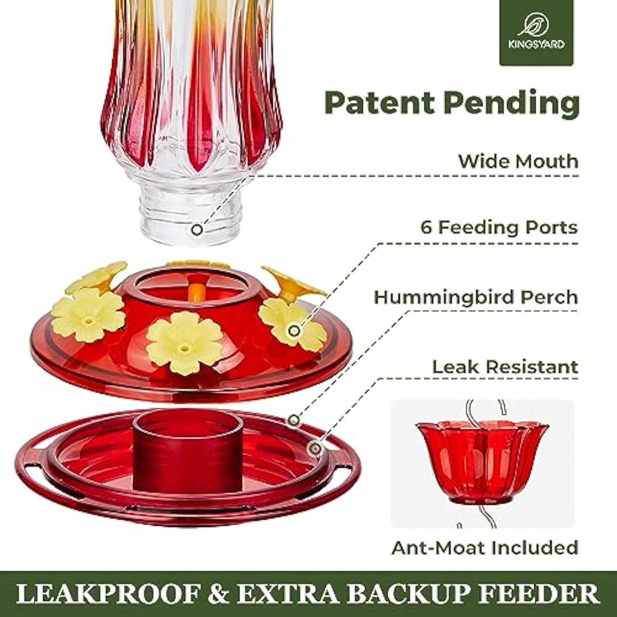 Kingsyard Glass Hummingbird Feeders for Outdoors Hanging, 25 oz Leak Proof Hummingbird Feeder with Ant Moat & 6 Bee Proof Feeding Ports, Red