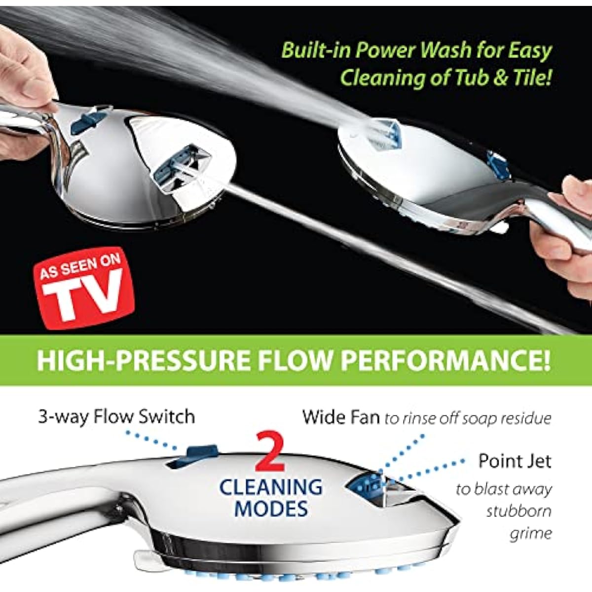 AquaCare High Pressure 8-mode Handheld Shower Head - Anti-clog Nozzles, Built-in Power Wash to Clean Tub, Tile & Pets, Extra Long 6 ft. Stainless Steel Hose, Wall & Overhead Brackets