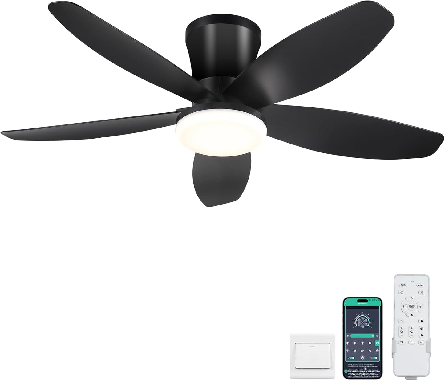 42" Ceiling Fans with Lights-Low Profile Ceiling Fan with Light and Remote/APP Control,Flush Mount,DC Reversible,LED Dimmable Blakc Ceiling Fans for Bedroom,Indoor/Outdoor Patio Use