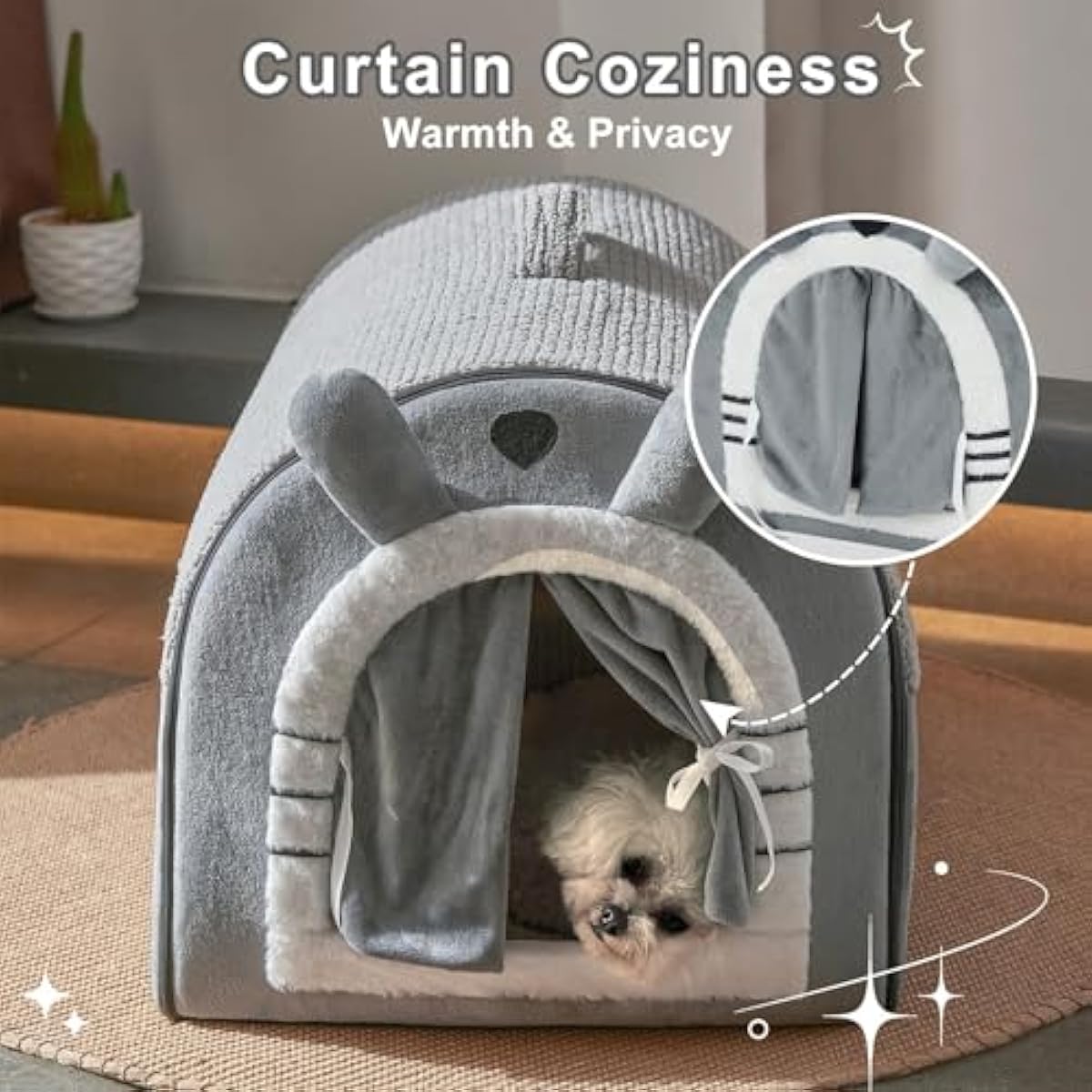 Jiupety Small Dog House Indoor, Dog Cave with Door Curtain Design, Puppy House with Reversible Washable Cushion, M Size Portable Pet Cave for 7-13 lb Cats and 5-11 lb Dogs, Non-Slip Bottom, Grey