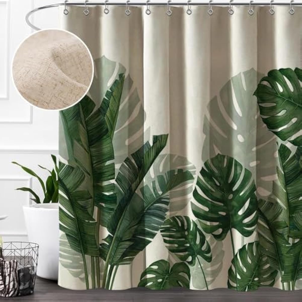 Baccessor Linen Shower Curtain Tropical Green Leaf Shower Curtains Botanical Banana Monstera Leaf Palm Tree Water Repellent Heavy Duty Fabric Cloth Shower Curtain for Bathtubs Hotel 72 W X 72 L Inch