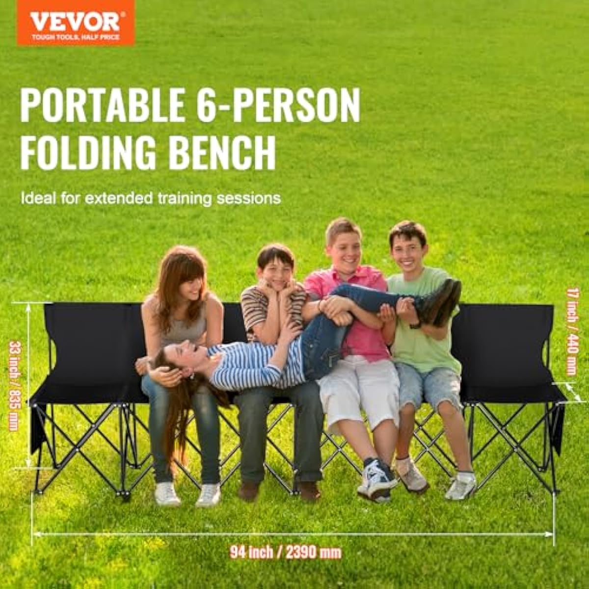 VEVOR Portable Folding B ench, 6 Seats Foldable Sideline B ench, Outdoor Camping Bench Chair with Carry Bag & Backrest, Team Sport Sideline B ench, No Assembly Instant Seating, Black