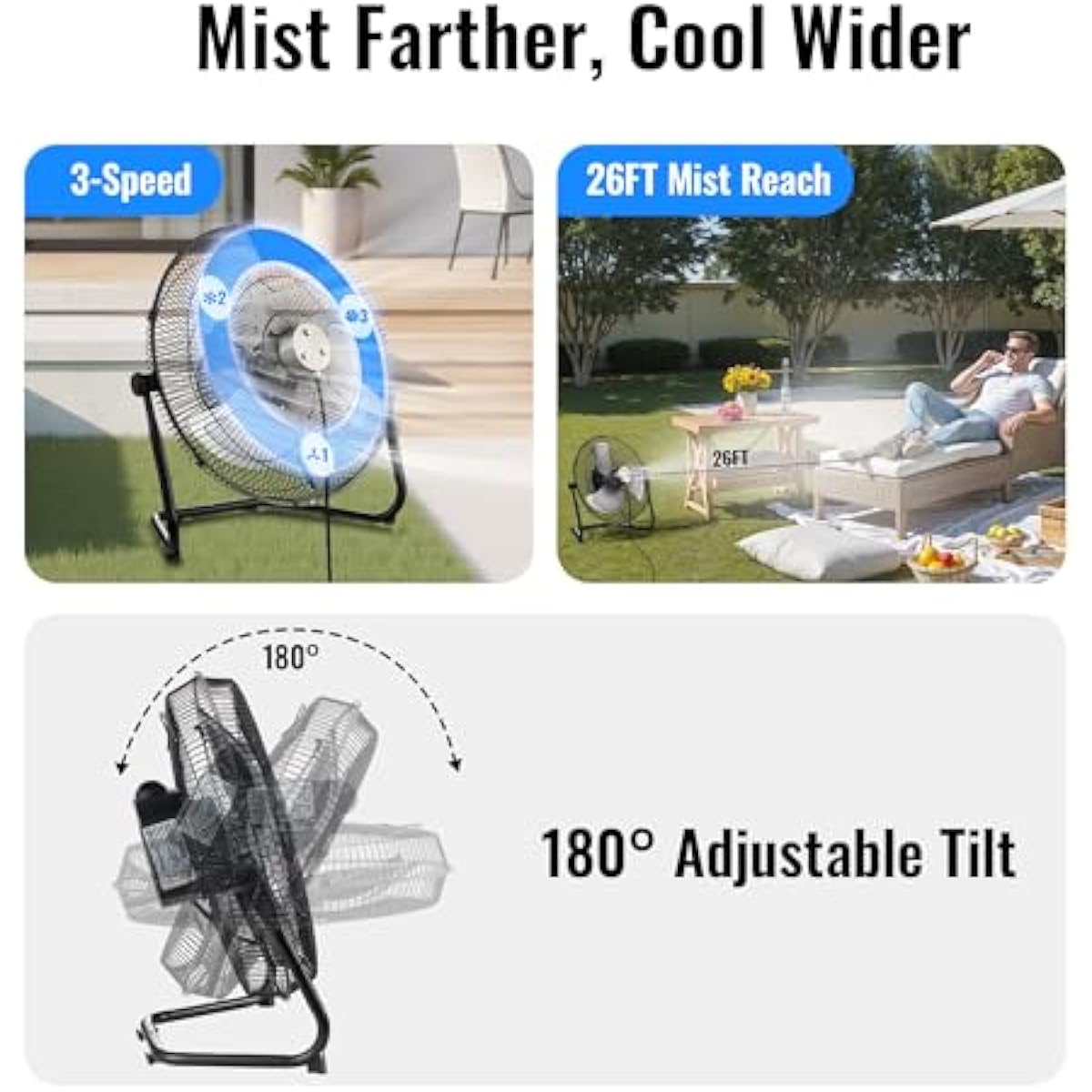 14" Misting Fan, Magnetic Misting Wall-Mounted Fans for Outside, Up to 26ft Cooling Mist, 2-in-1 Floor Industrial Fan Mister, 3-Speed, 180° Adjustable Tilt, Portable for Patio, Backyard