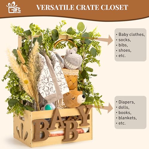 Wooden Baby Shower Crate Closet, Baby Storage Crate Hamper with Handle, Basket for Baby Shower Gifts, Welcome Gift Basket for Newborn Boys Girls, Pregnancy Gifts for New Parents