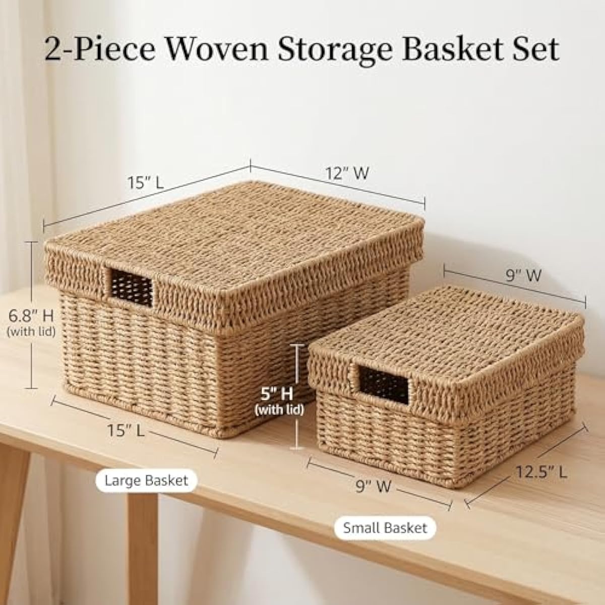 Wicker Storage Basket with Lid - Woven Storage Basket for Organizing,Rectangular Decorative Boxes Bins with Lids for Shelves, living room, Nursery, 2-Piece Set(Natural)