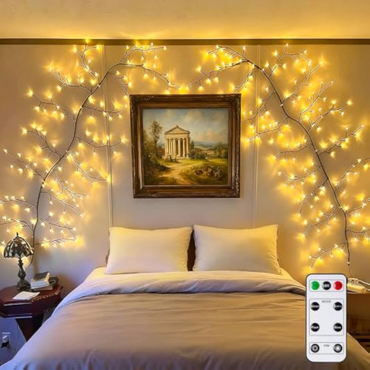 GOESWELL Enchanted Willow Vine Lights with Remote: 7.5Ft 144 LEDs Brown Twig Tree Branch Lights with Timer Dimmer for Indoor Living Room Bedroom Forest Boho Farmhouse Christmas Decor