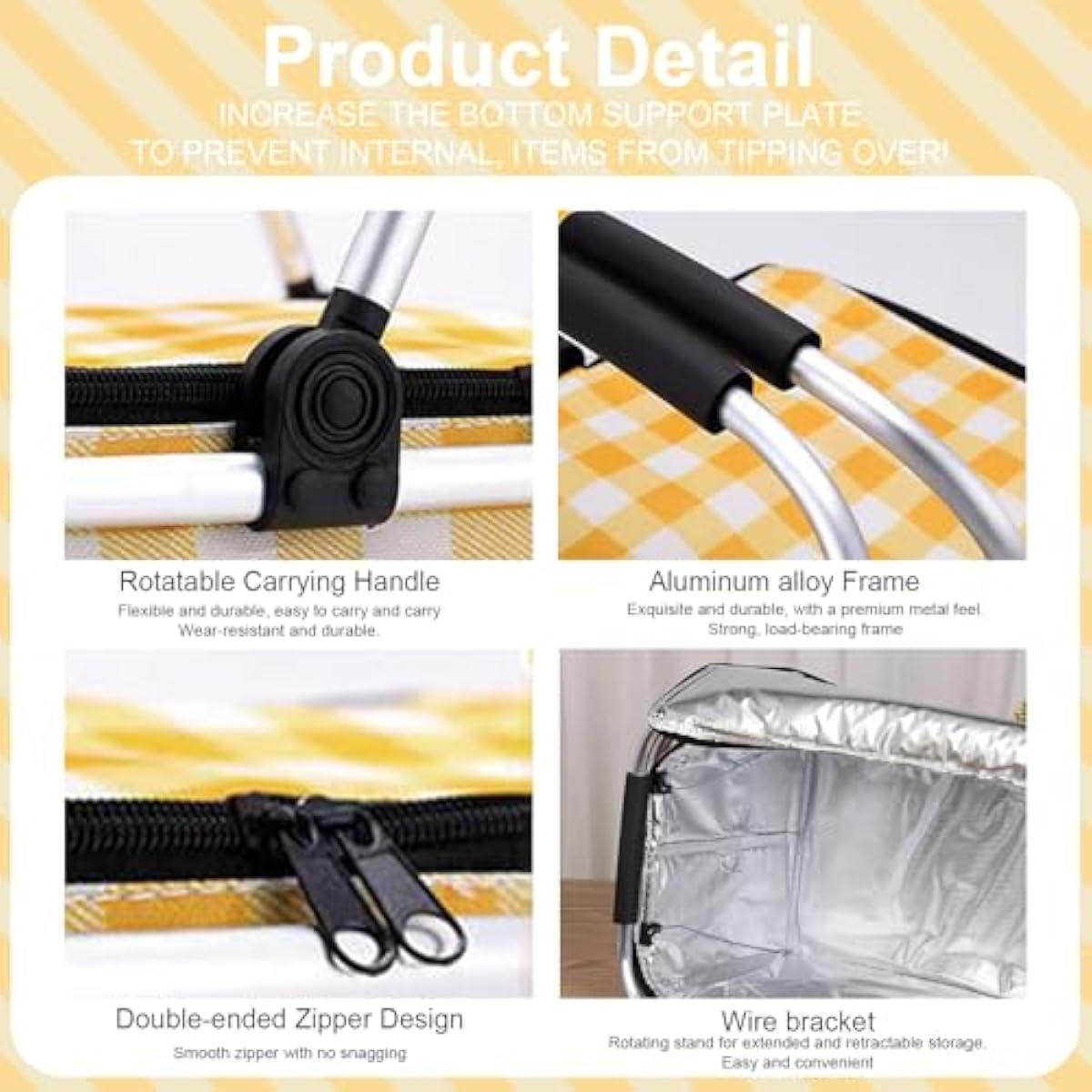 Insulated Picnic Basket，Collapsible Picnic Basket，30L Large Market Basket with Lid，2 Sturdy Handles，Storage Basket for Picnic，for Food Delivery，Take Outs，Market Shopping，Travel(Yellow Grid)