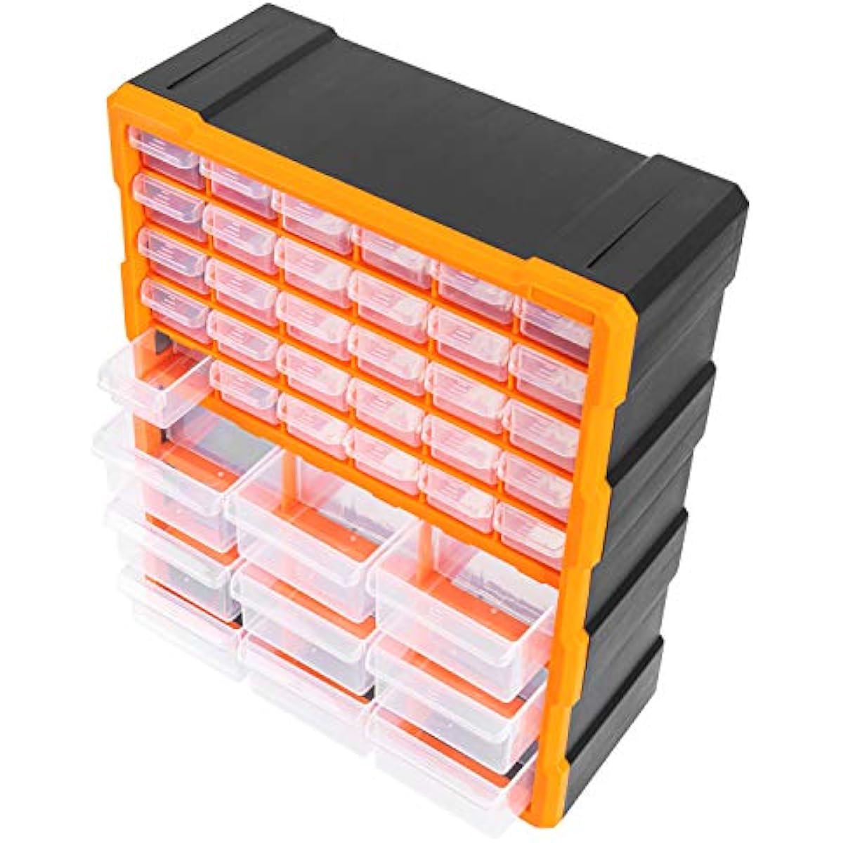 Amazon Basics Wall Mount Hardware and Craft Storage Cabinet Organizer with 39 Drawers, Plastic Garage Organization System with Dividers for Small Parts, Black, Orange, 15" x 6.3" x 18.6"