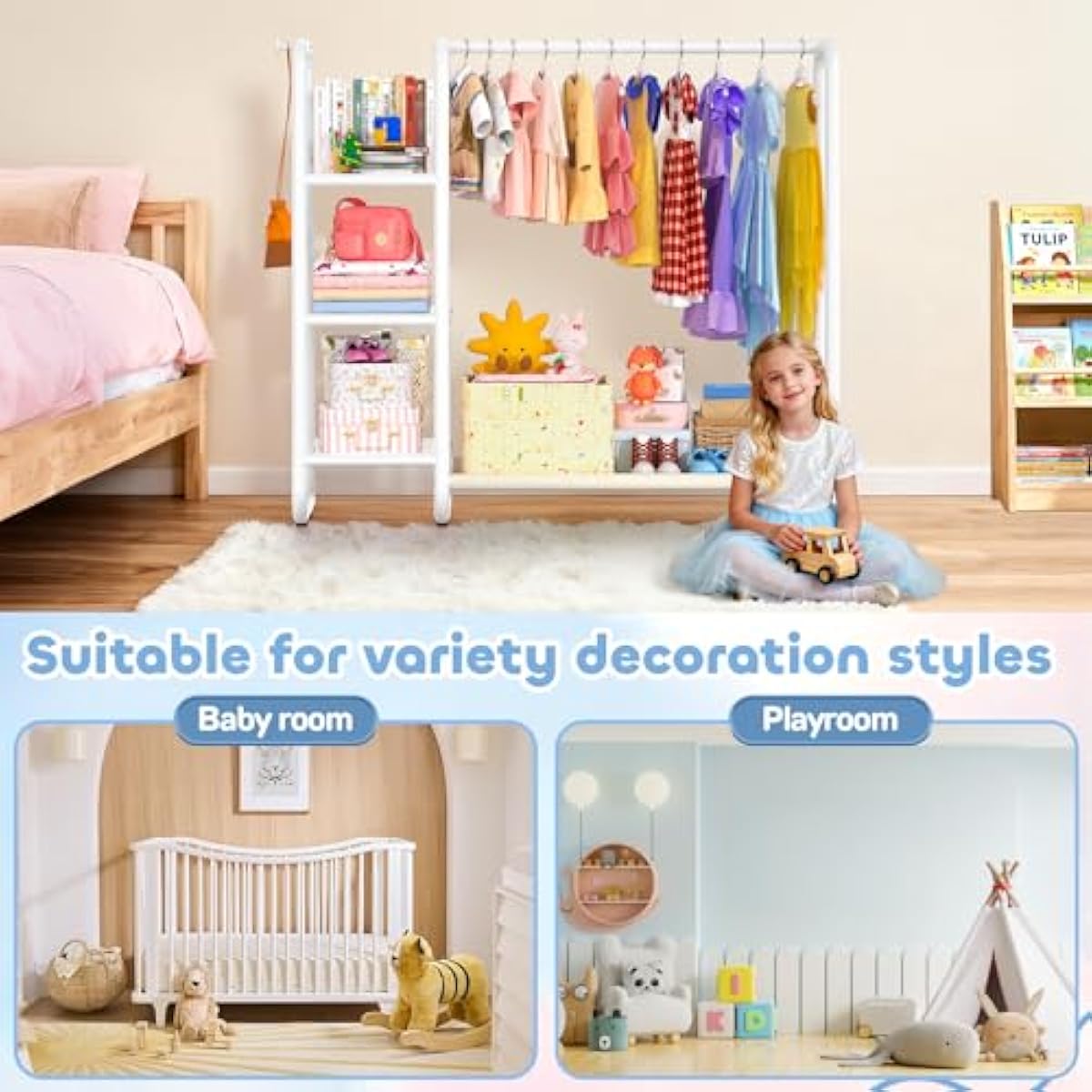 Kids Clothing Rack: Portable Kids Dress up Rack with 4 Storage Shelves & Coat Hook,Sturdy Closet Organizer for Toddler Baby Playroom Bedroom Use(Classic,White)