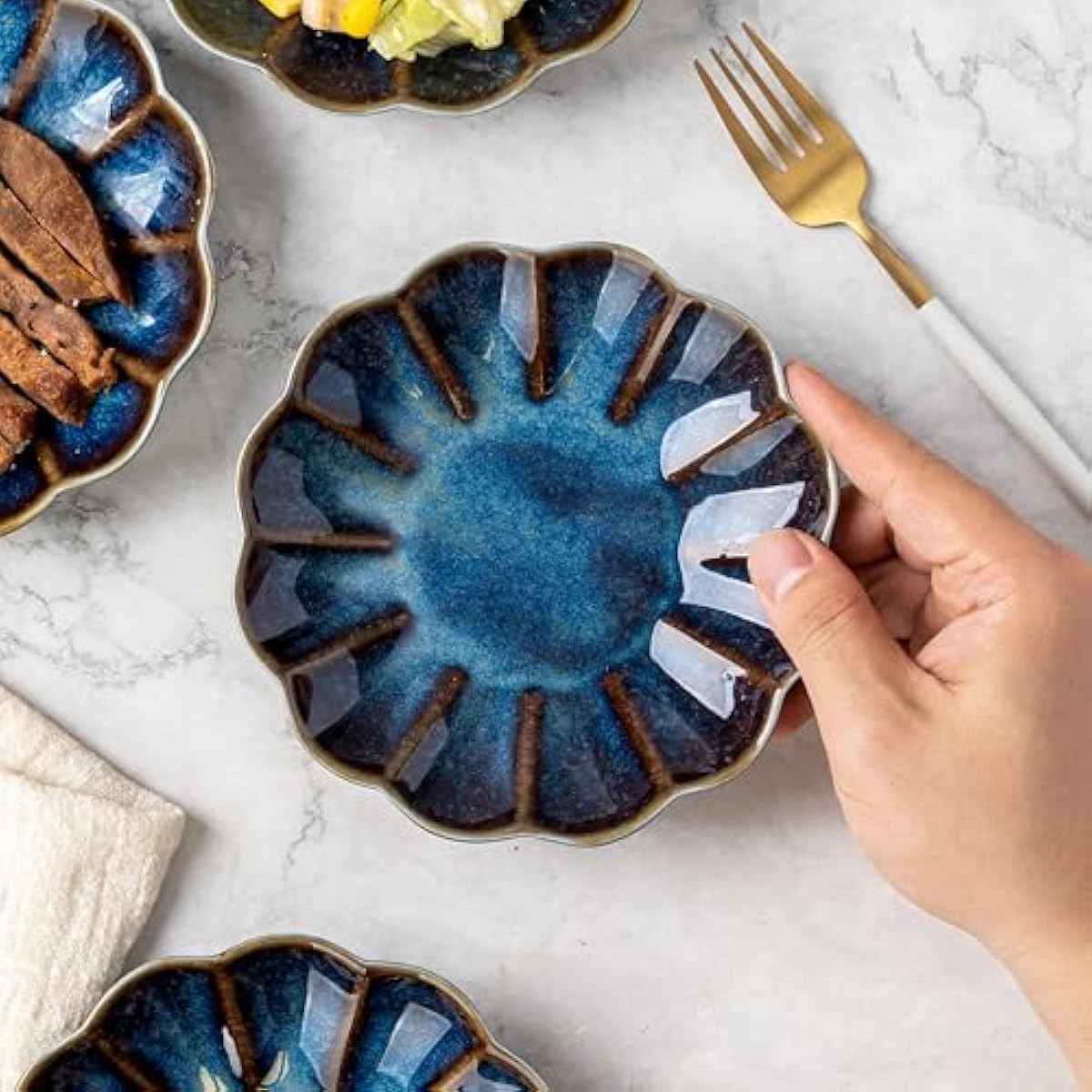 Small Dessert Plates Set of 4,Ceramic Dinner Plates 5.7 Inch for Appetizer, Fruits, Cake, Salad,Microwave Safe,Christmas Gift,Flambe Blue
