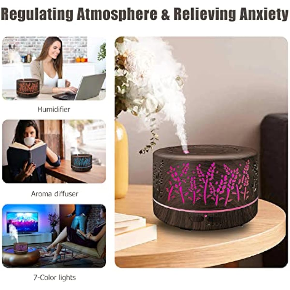 Diffusers for Essential Oils Large Room 600ml,Essential Oil Diffusers for Home with R/C,Cool Mist Humidifier,7 Colors Lights & 3 Mist Mode Waterless Auto Off for Office