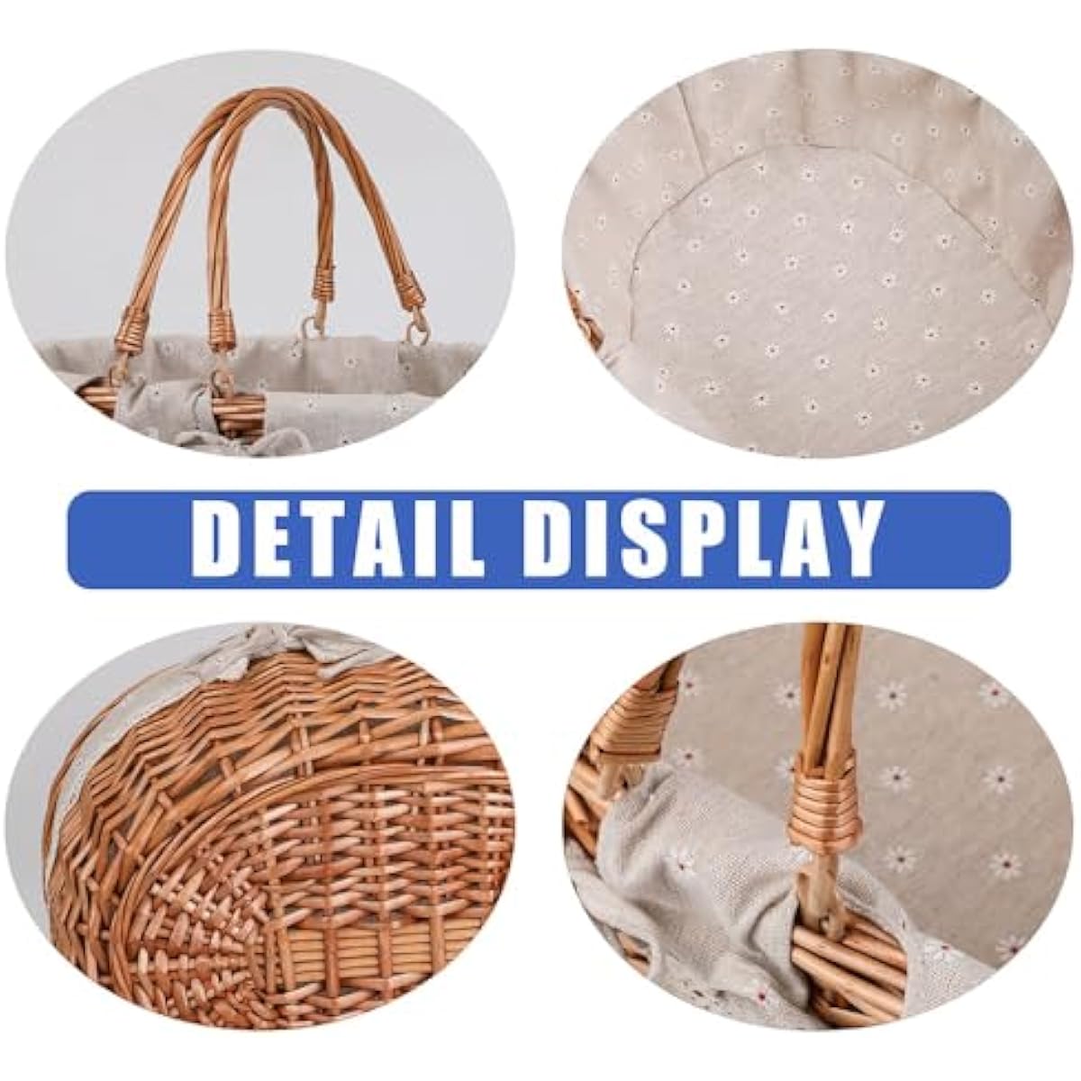 Large Wicker Picnic Basket with Handles,Handle Sturdy Woven Body with Removable and Washable Lining,Outdoor Camping,Gift Packing,Garden Picking, Storage.White Flower