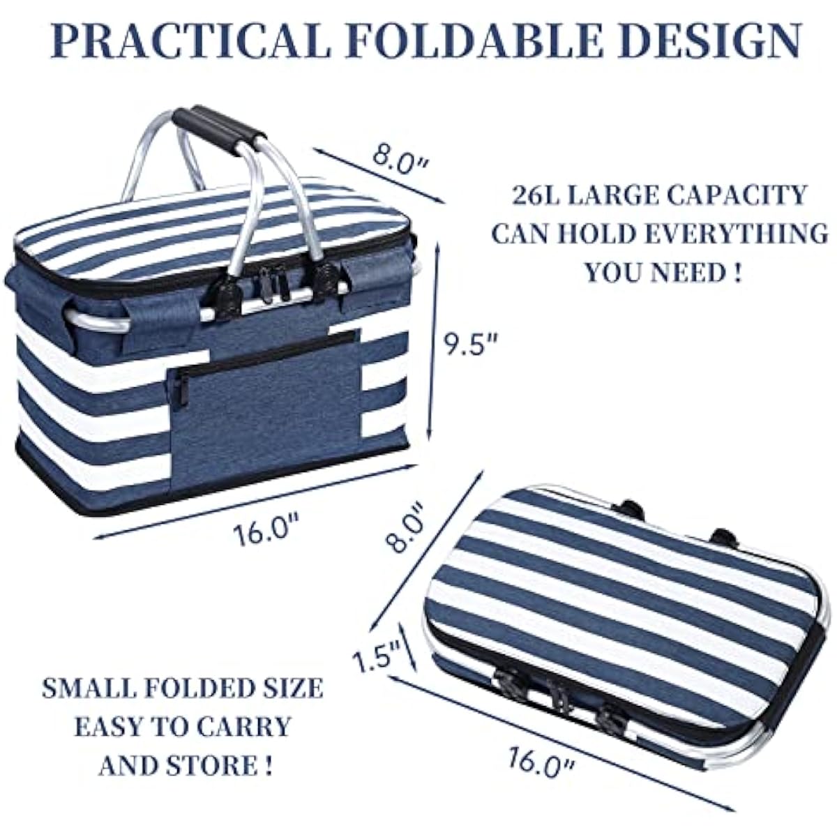 Insulated Picnic Basket,Leak-Proof Collapsible Cooler Bag,26L Grocery Basket with Lid,2 Sturdy Handles,Storage Basket for Picnic,Food Delivery,Take Outs,Market Shopping,Travel (Blue)