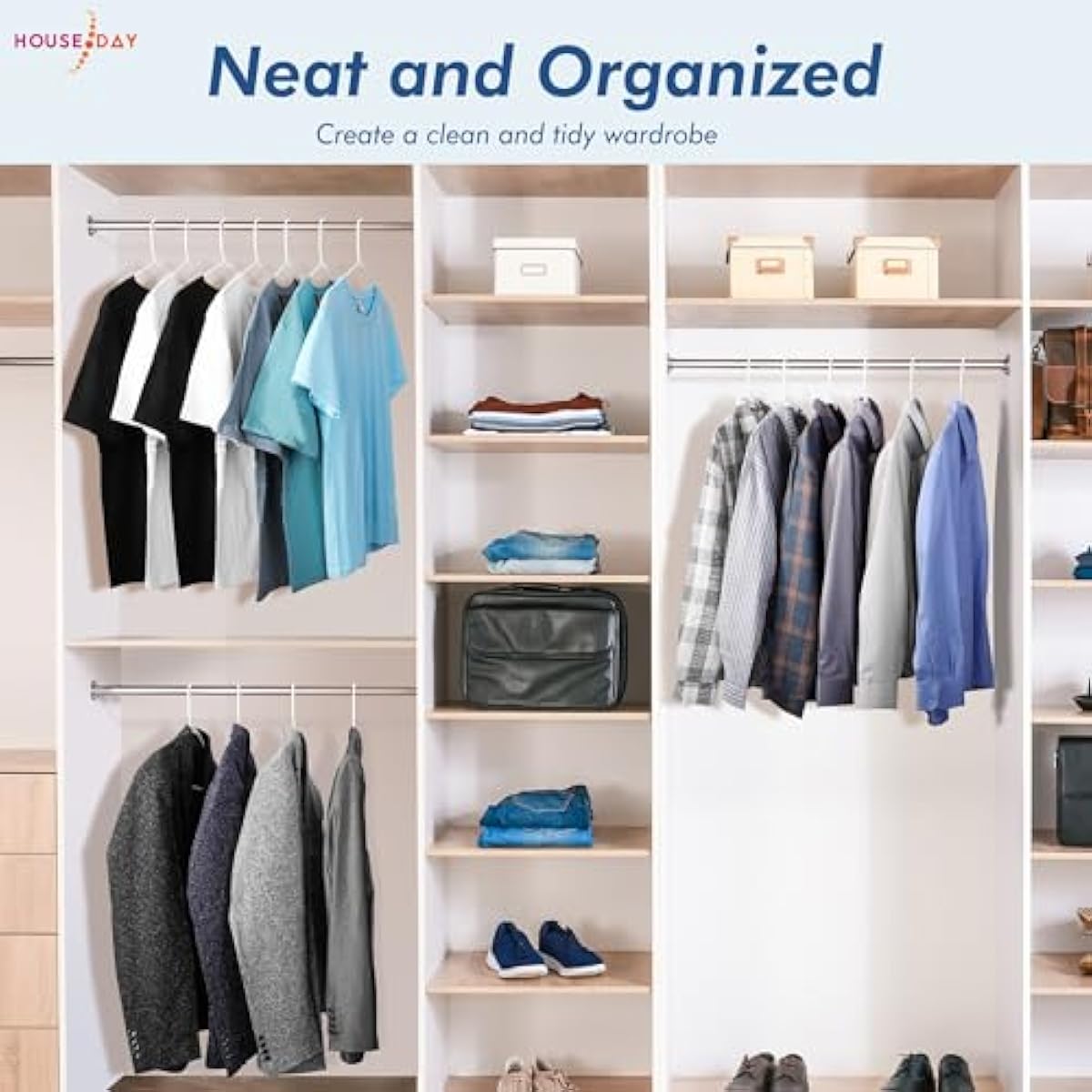 HOUSE DAY White Plastic Hangers 50 Pack, Plastic Clothes Hangers with Built-in Hooks, Durable and Strong Plastic Coat Hangers for Closet, Space Saving Clothing Hanger for Shirts, Coats, Skirt, Dress