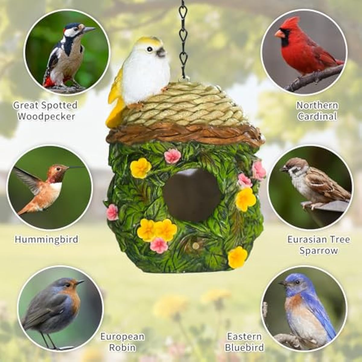 Bird Houses for Outside Bird Nesting Design Resin Birdhouse, Garden Outdoor Decor Bird House with Flower and Leaf Details, Birdhouses for Outdoors for Bluebird Finches Cardinals