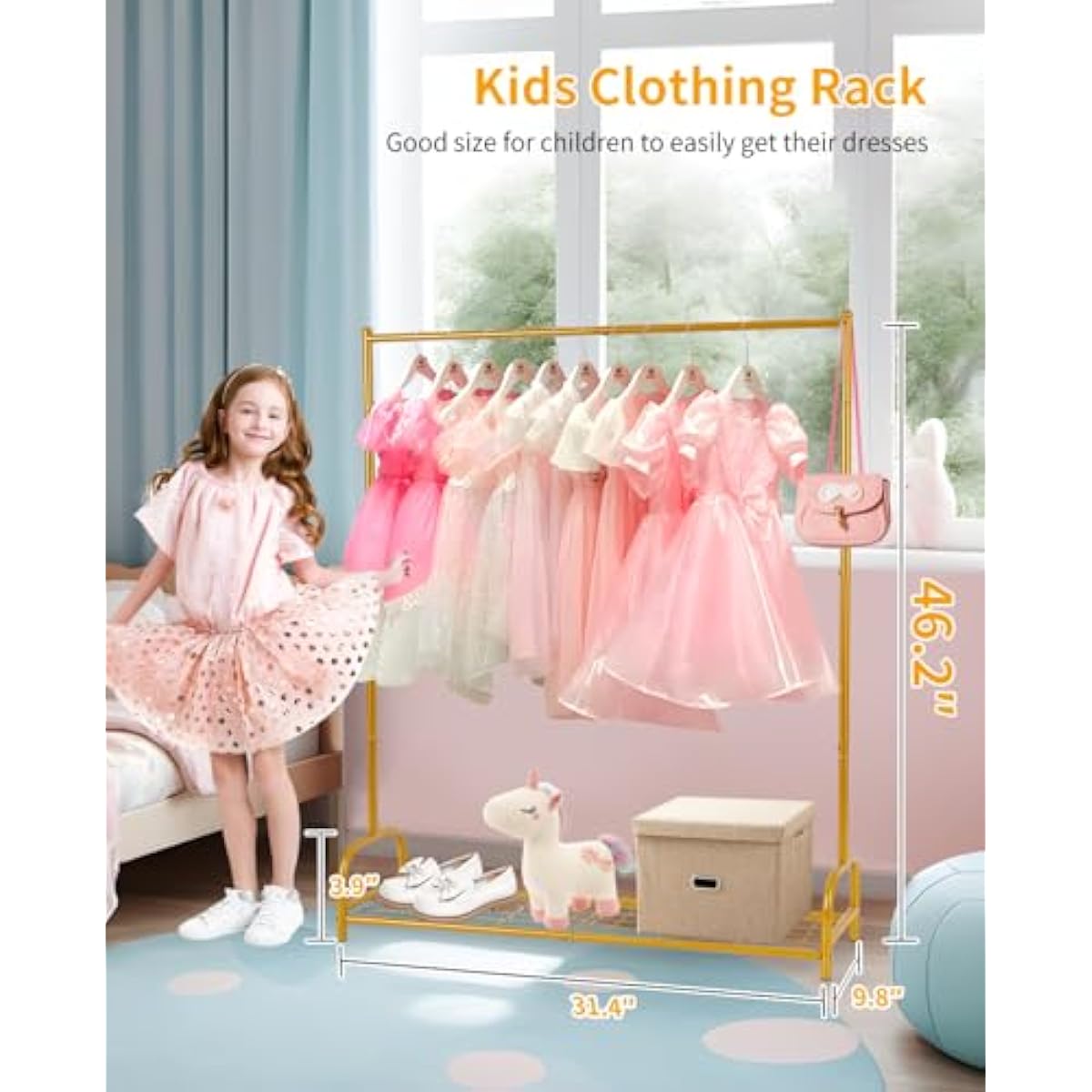 AUPSEN Kids Clothing Rack with Bottom Storage Shelf, Metal Toddler Dress Up Rack for Little Girls, Kids Dress Up Clothes Storage for Coats, Skirts, Dance Costume（Gold）
