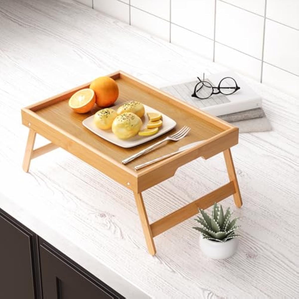 Fibogollo 2 Pack Bamboo Bed Tray Table with Folding Legs,Breakfast Trays,Serving Tray for Food and Snack,Laptop Trays for Working(Natural)