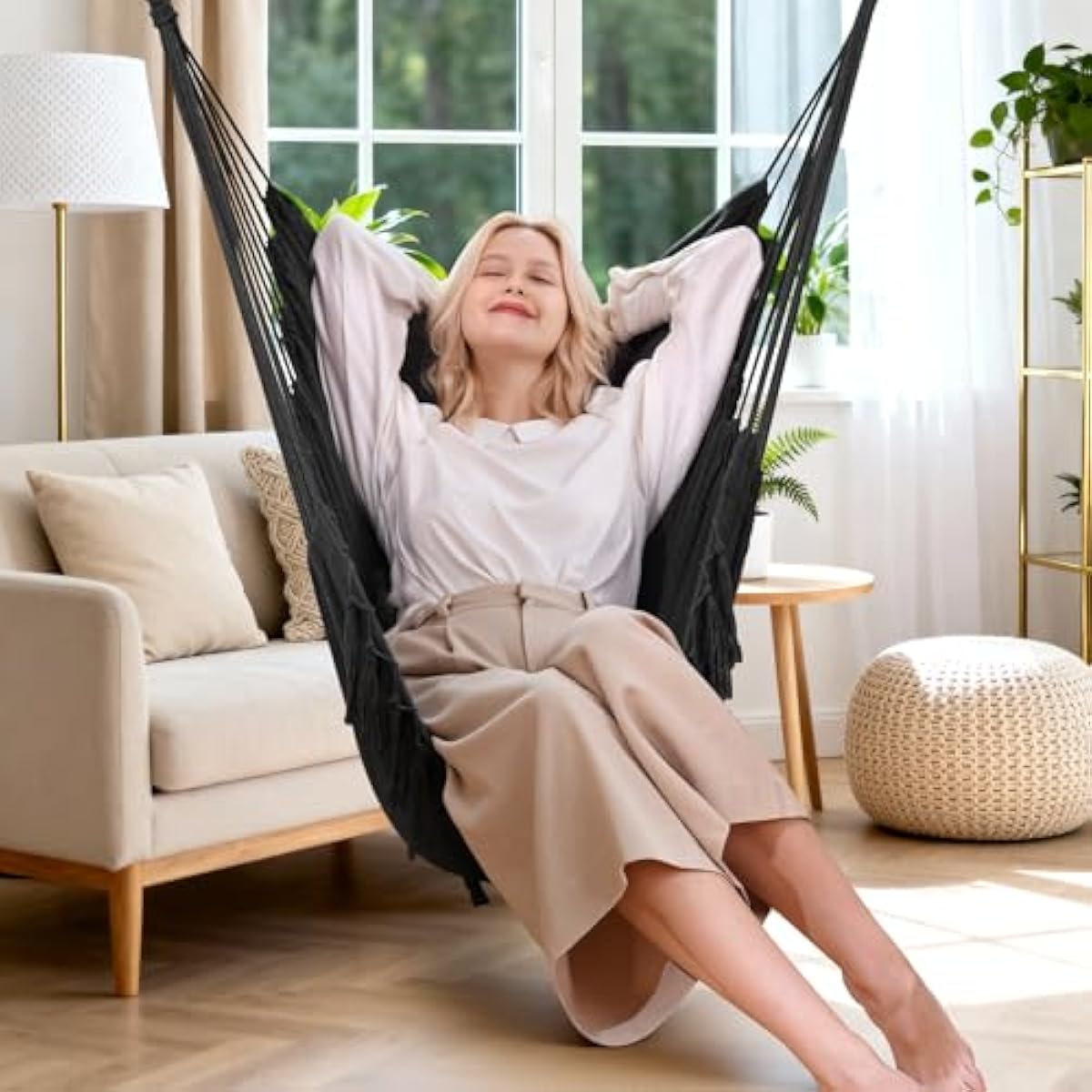 Y- STOP Hammock Chair Hanging Rope Swing, Max 500 Lbs, 2 Cushions Included, Large Macrame Hanging Chair with Pocket, Cotton Weave for Superior Comfort, Durability (Dark Grey)