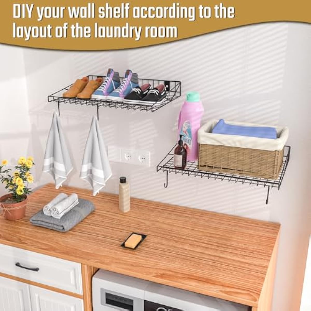 4 Pack Garage Wall Shelf, Garage Wall Mounted Shelving, Heavy Duty Floating Shelves With 8 Hooks, Loads 180 LBS Black Wall Shelves Mesh Storage Rack for Office, Basement, Wall Cabinet and Kitchen