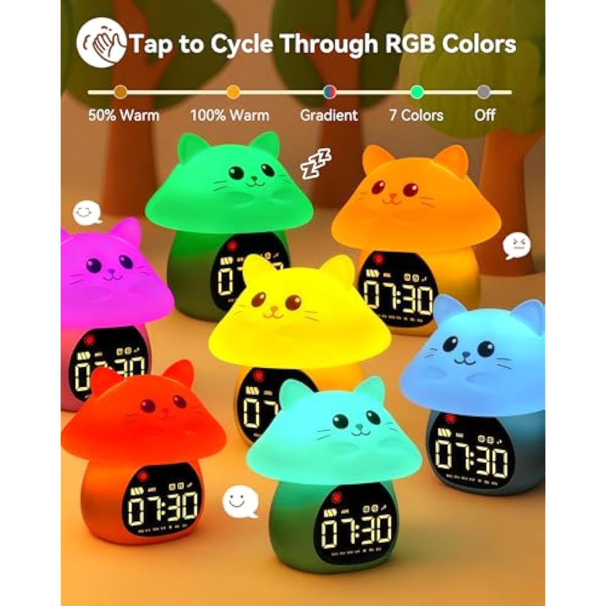 Yiliaw Sleep Training Alarm Clock with Night Light for Kids - Ok to Wake Clock with Dual Alarms, Night Light & RGB Colors, 6 Alarm Tones & White Noise, Rechargeable Clock for Boys & Girls, Cat