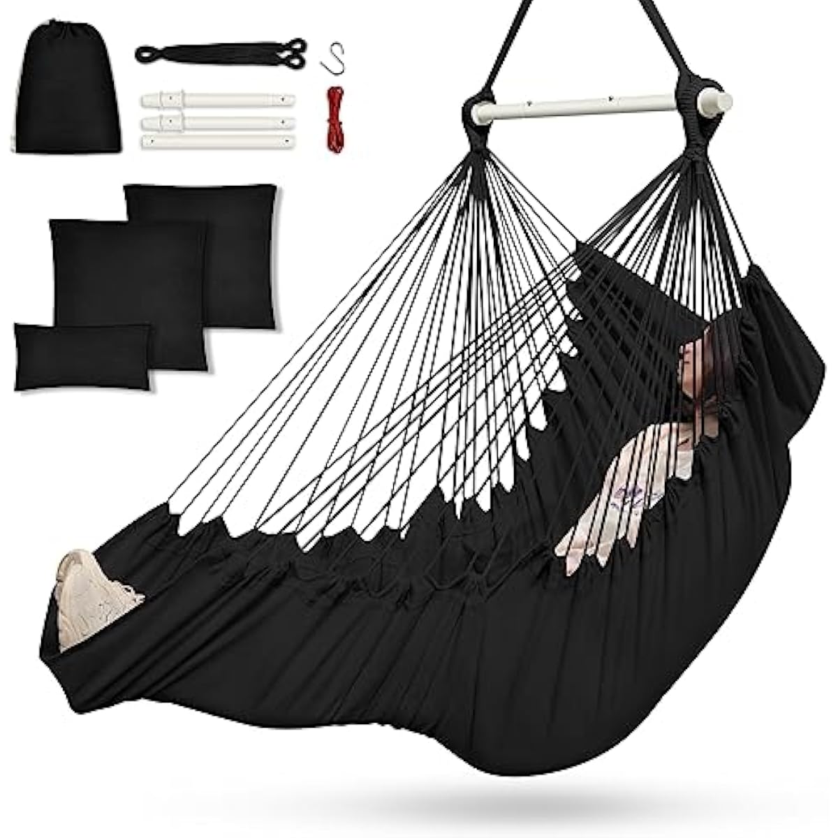 Outerman Hammock Chair, Hanging Chair with 3 Cushions and Foot Rest Support, Sturdy Metal Spreader Bar Max 500Lbs, Swing Chair for Bedroom, Indoor & Outdoor, Patio, Porch or Tree（Black）…
